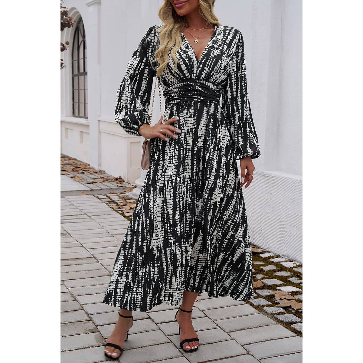 Print V Neck Tie Waist Fit Long Dress - MVTFASHION.COM