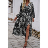 Print V Neck Tie Waist Fit Long Dress - MVTFASHION.COM