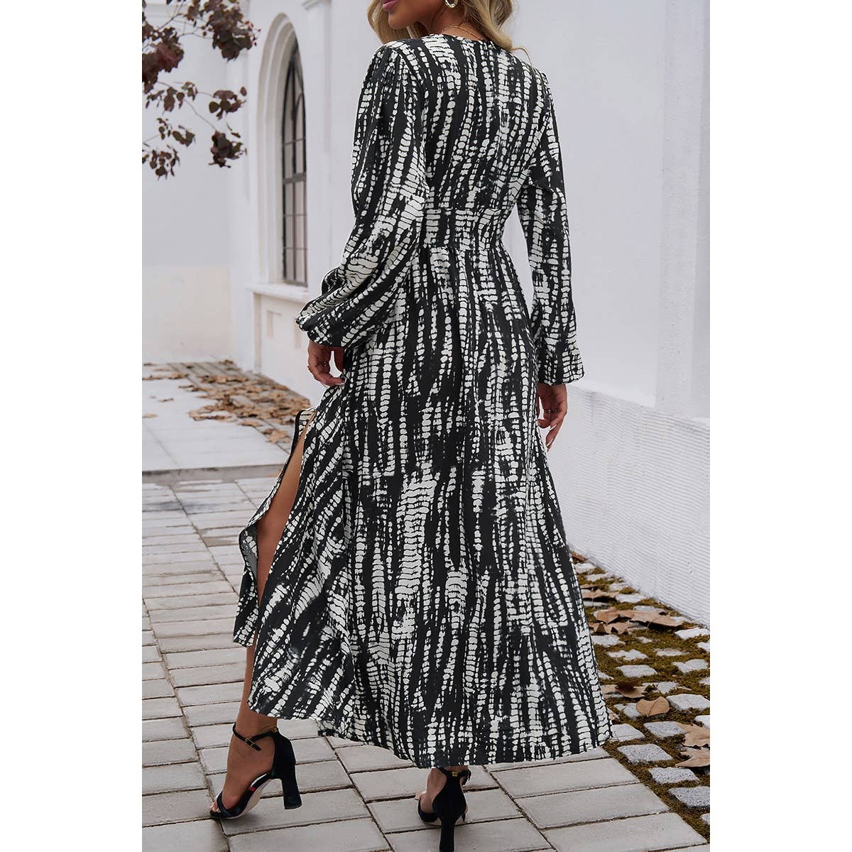 Print V Neck Tie Waist Fit Long Dress - MVTFASHION.COM