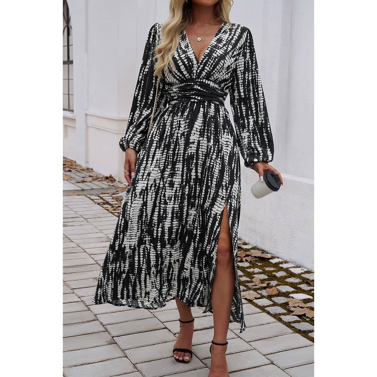 Print V Neck Tie Waist Fit Long Dress - MVTFASHION.COM