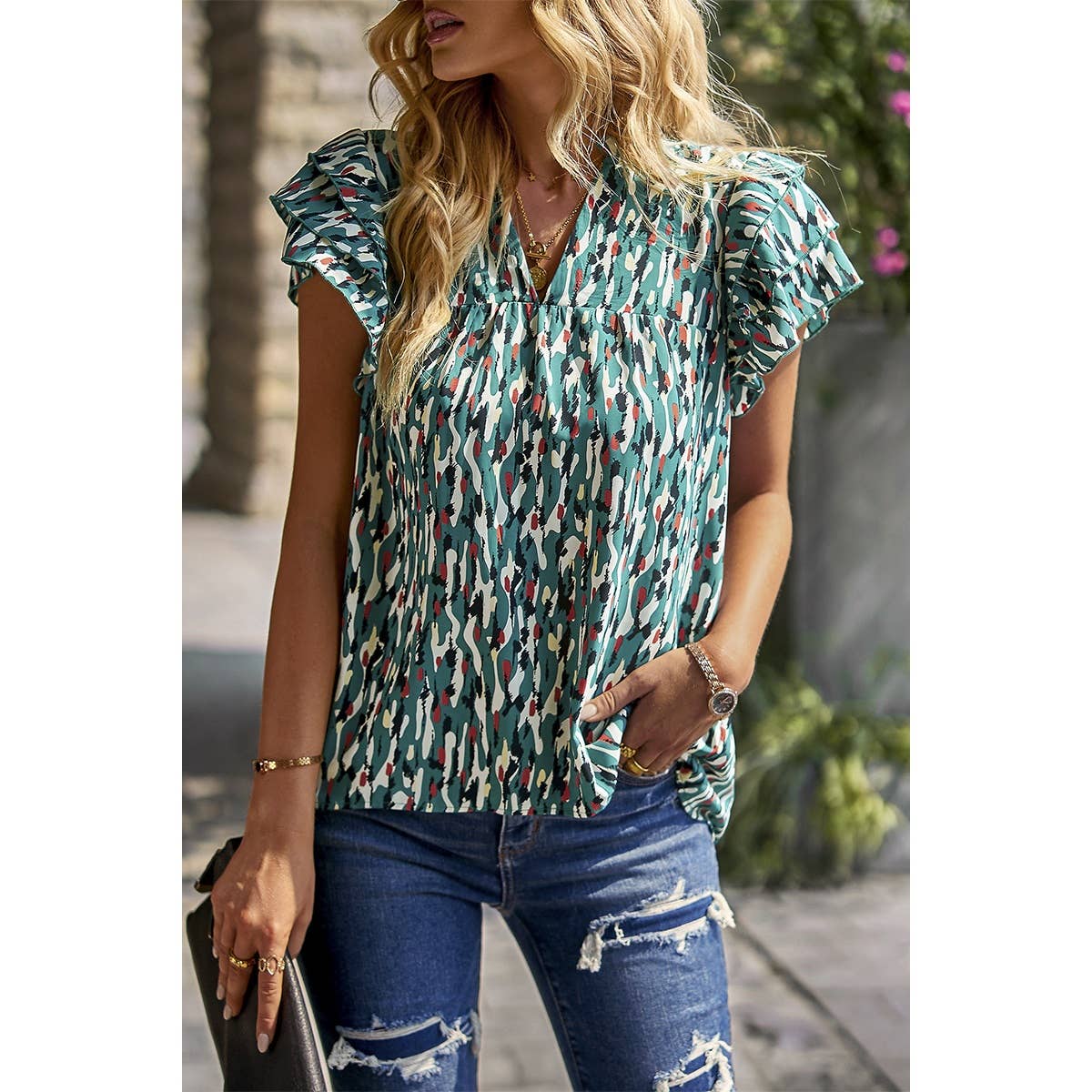 Printed Flutter Sleeve Frill Trim Notched Top - MVTFASHION.COM