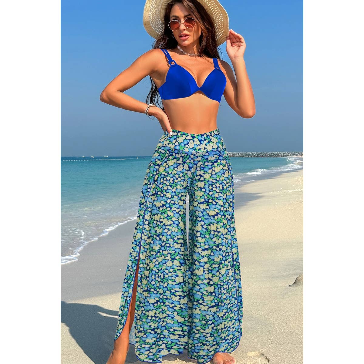 Printed Two Pieces Split Sheer Mesh Pants Swimsuit - MVTFASHION.COM