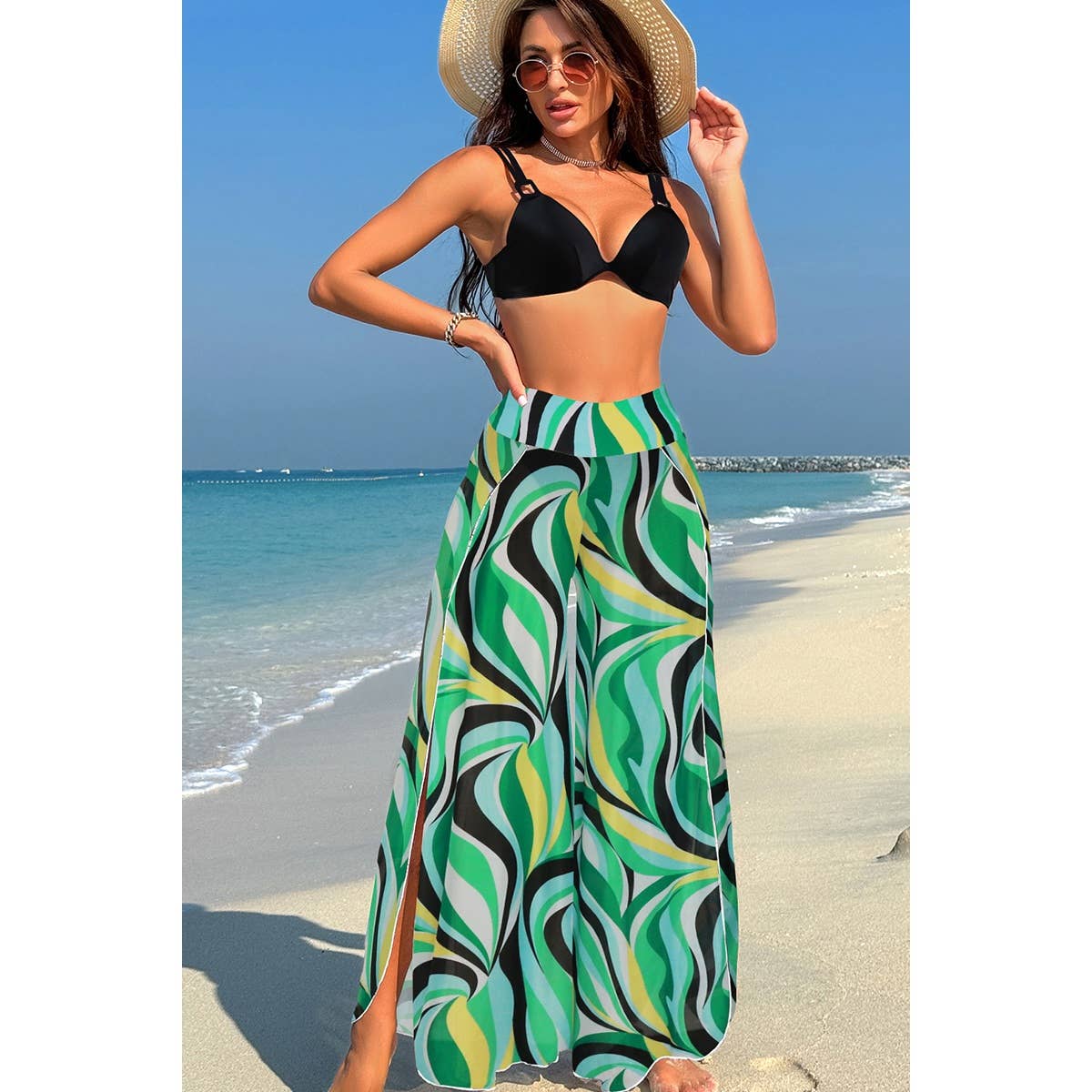 Printed Two Pieces Split Sheer Mesh Pants Swimsuit - MVTFASHION.COM