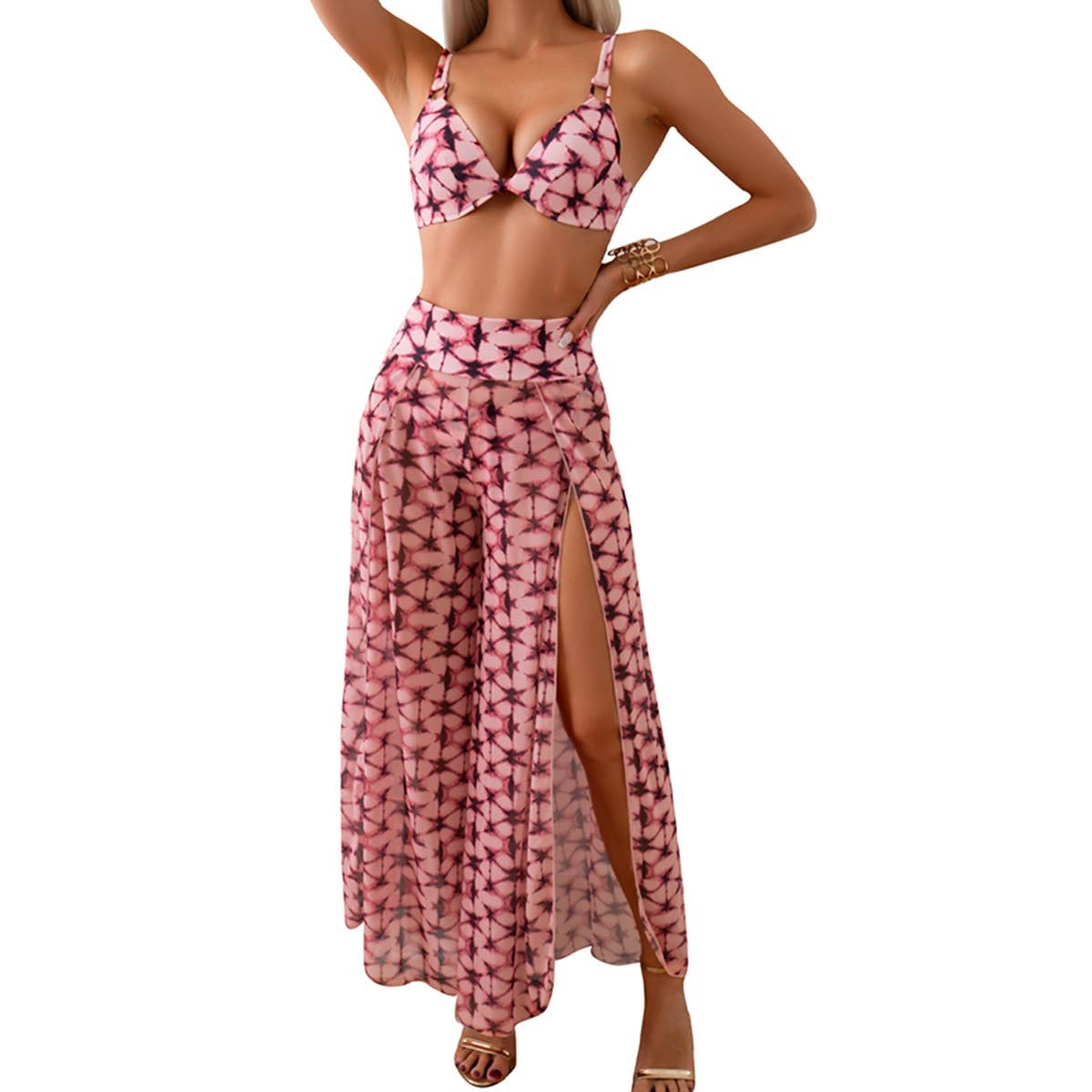 Printed Two Pieces Split Sheer Mesh Pants Swimsuit - MVTFASHION.COM