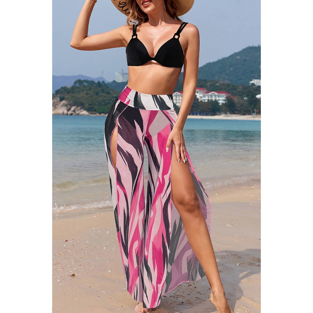 Printed Two Pieces Split Sheer Mesh Pants Swimsuit - MVTFASHION.COM