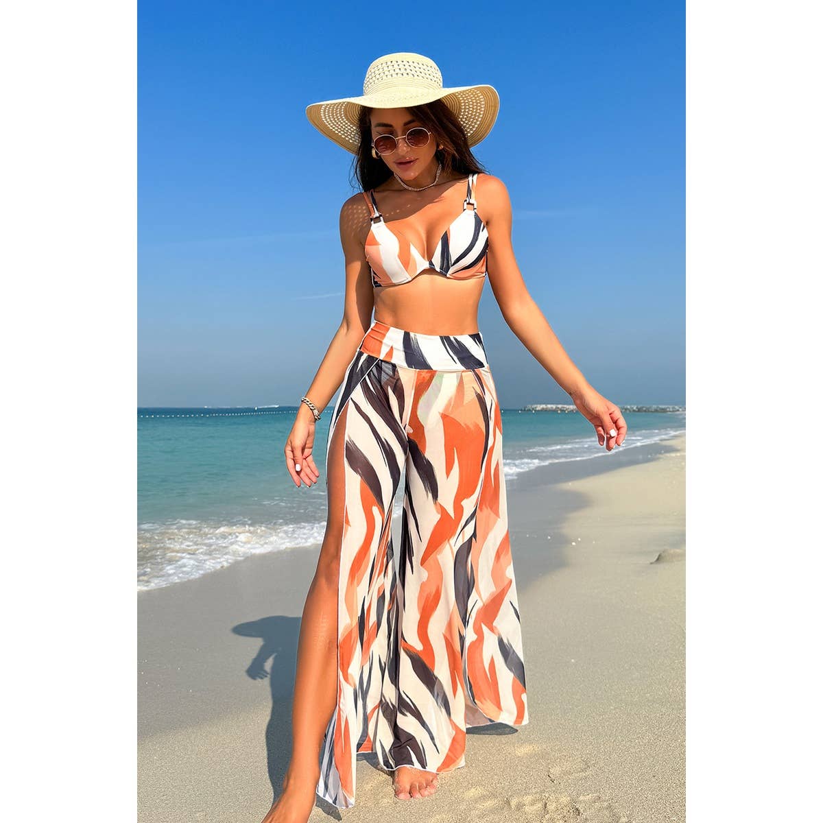 Printed Two Pieces Split Sheer Mesh Pants Swimsuit - MVTFASHION.COM