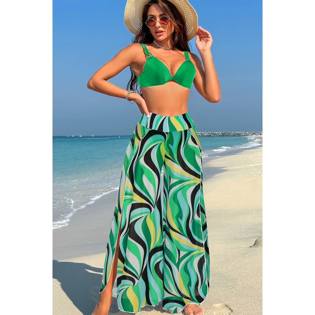 Printed Two Pieces Split Sheer Mesh Pants Swimsuit - MVTFASHION.COM