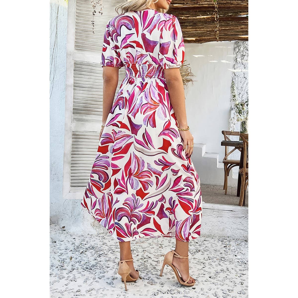 Puff Sleeves V Neck Floral Printed Midi Dress - MVTFASHION.COM