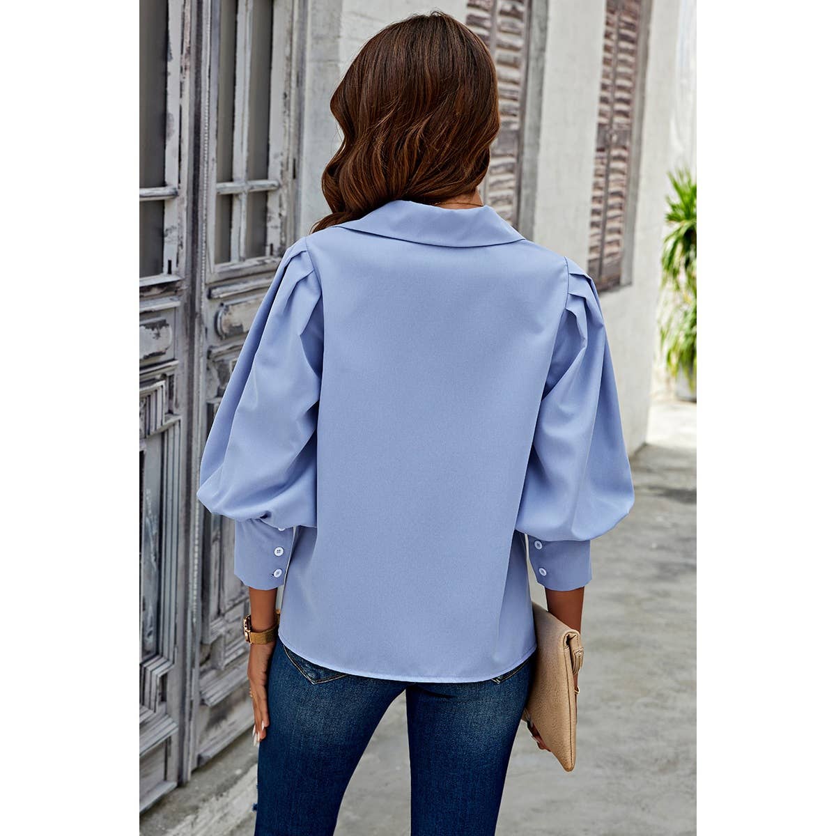 Puff Wide Sleeves Button Up Loose Fit Blouse - MVTFASHION.COM