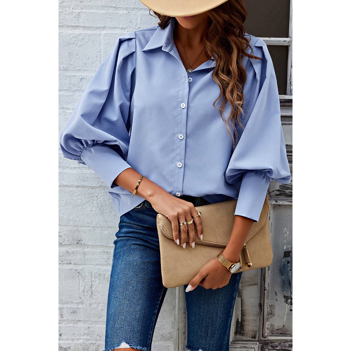 Puff Wide Sleeves Button Up Loose Fit Blouse - MVTFASHION.COM