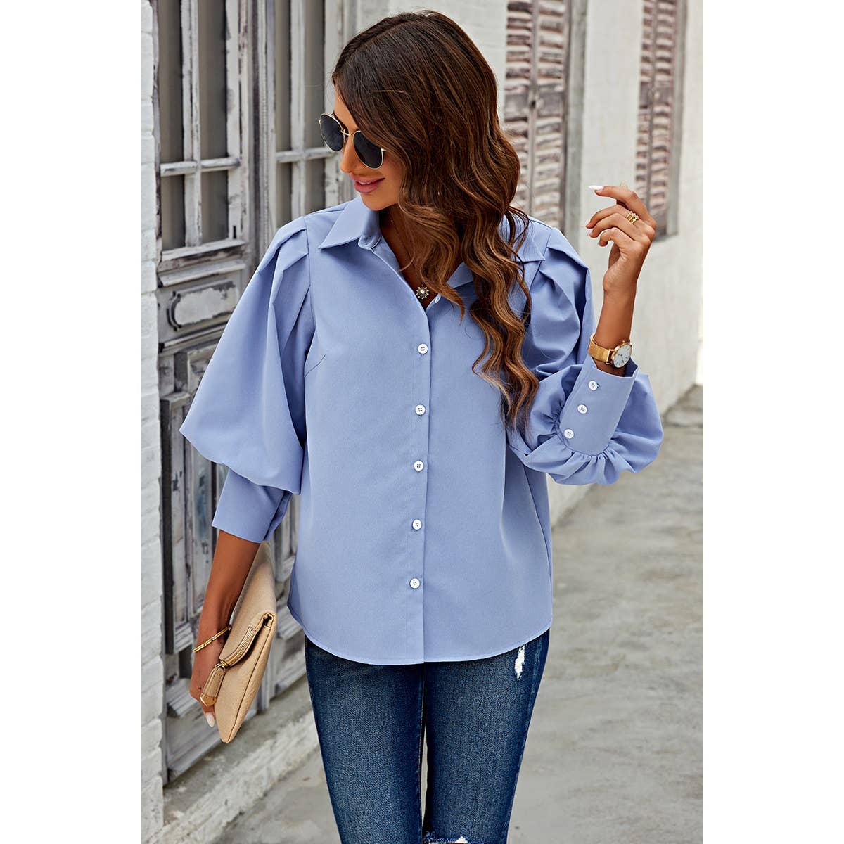 Puff Wide Sleeves Button Up Loose Fit Blouse - MVTFASHION.COM