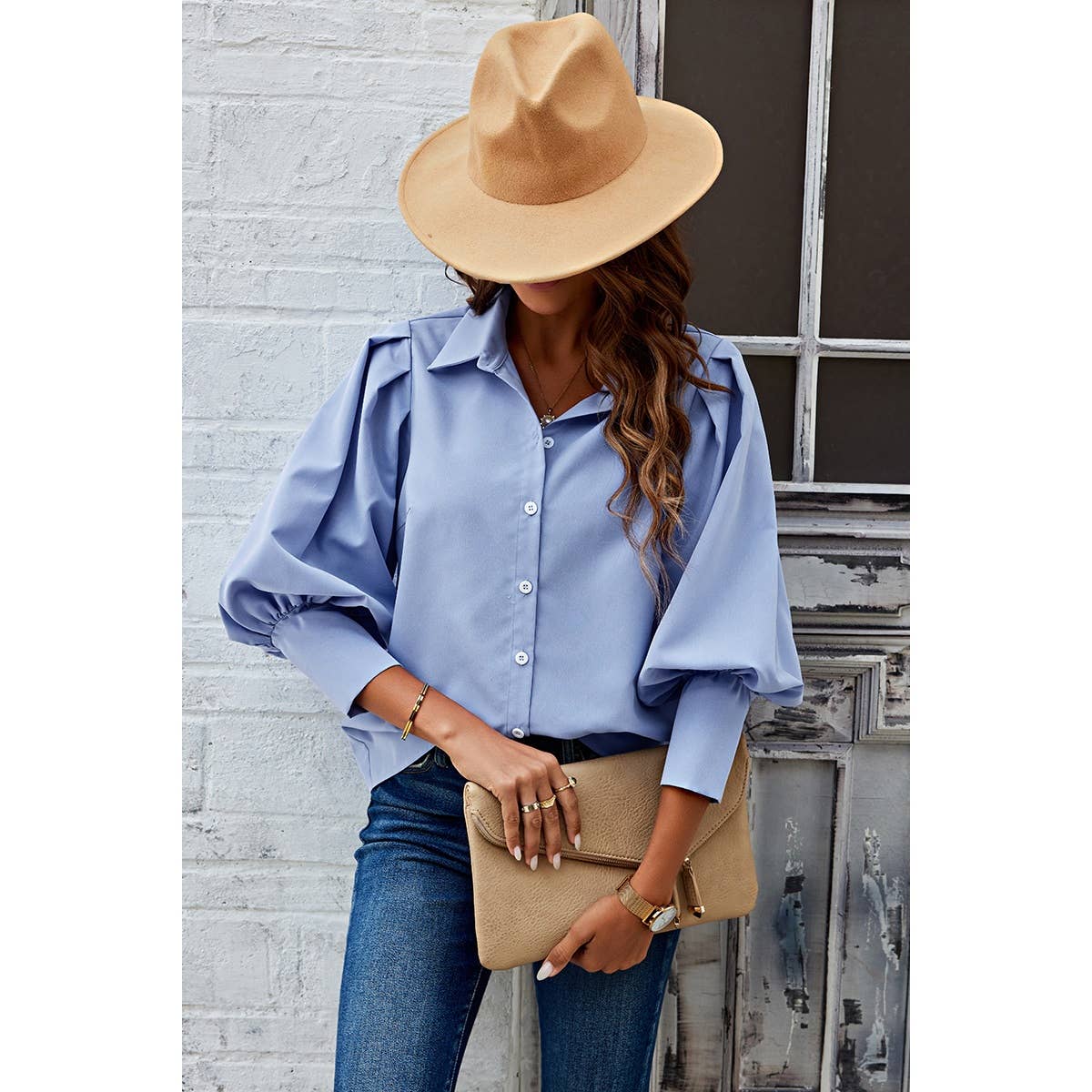 Puff Wide Sleeves Button Up Loose Fit Blouse - MVTFASHION.COM