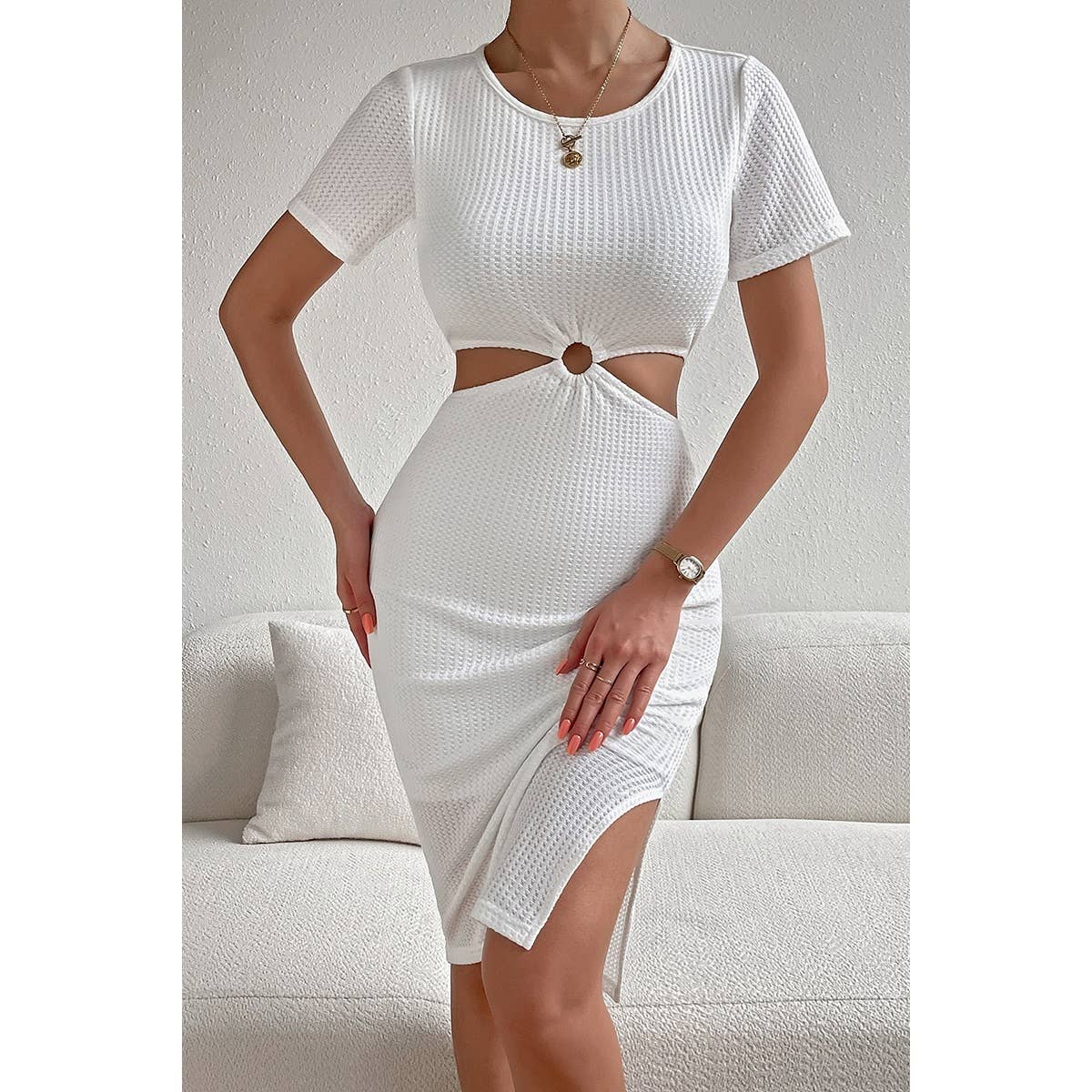 Ring Linked Cut Out Waist Ribbed Knit Dress - MVTFASHION.COM