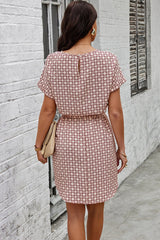 Round Neck Allover Print Belt Fit Dress - MVTFASHION.COM