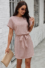 Round Neck Allover Print Belt Fit Dress - MVTFASHION.COM