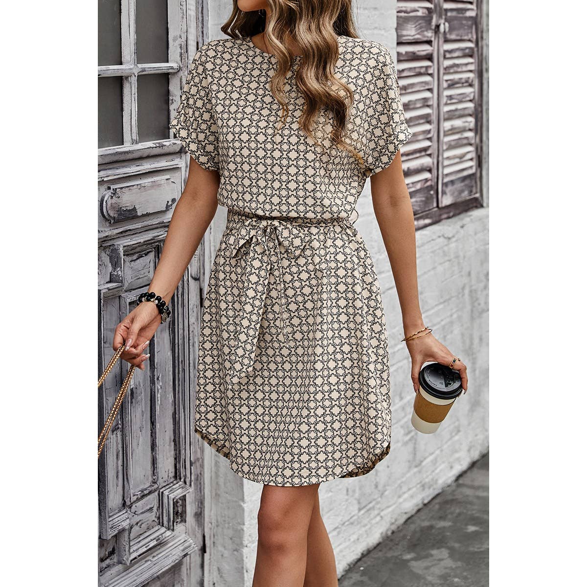 Round Neck Allover Print Belt Fit Dress - MVTFASHION.COM