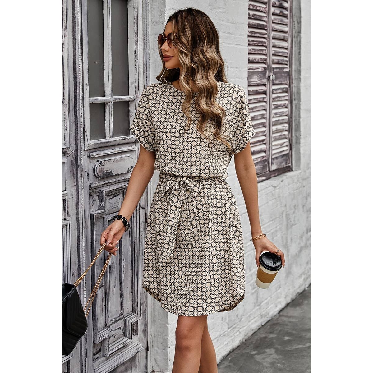 Round Neck Allover Print Belt Fit Dress - MVTFASHION.COM