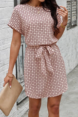 Round Neck Allover Print Belt Fit Dress - MVTFASHION.COM