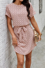 Round Neck Allover Print Belt Fit Dress - MVTFASHION.COM