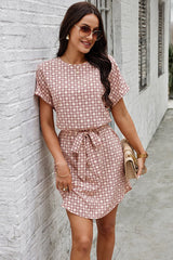 Round Neck Allover Print Belt Fit Dress - MVTFASHION.COM