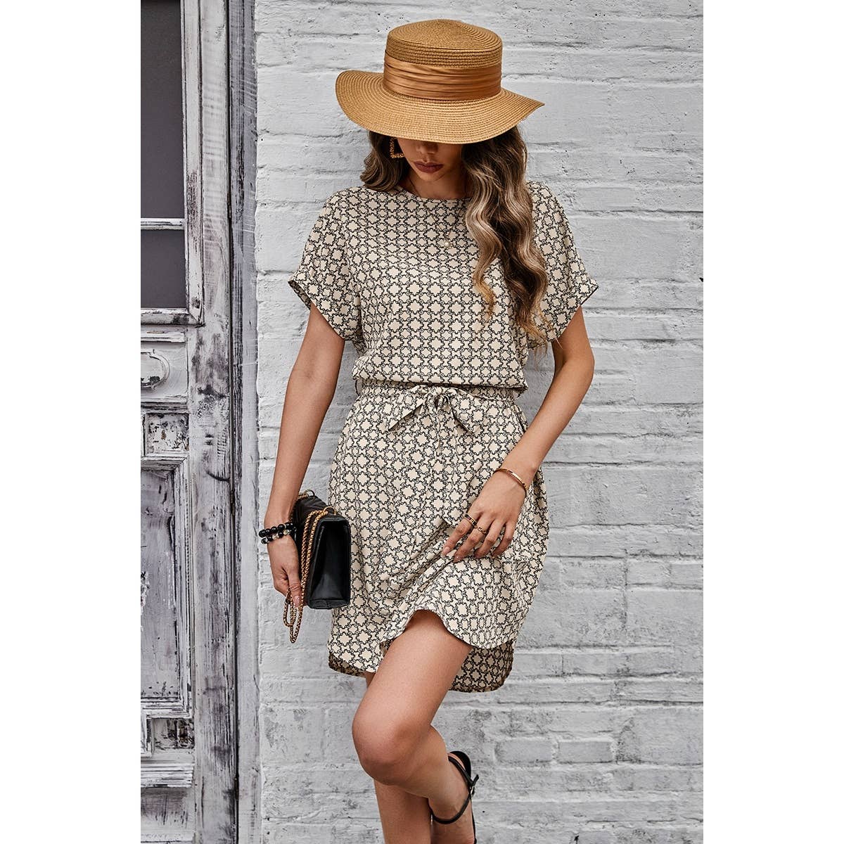 Round Neck Allover Print Belt Fit Dress - MVTFASHION.COM