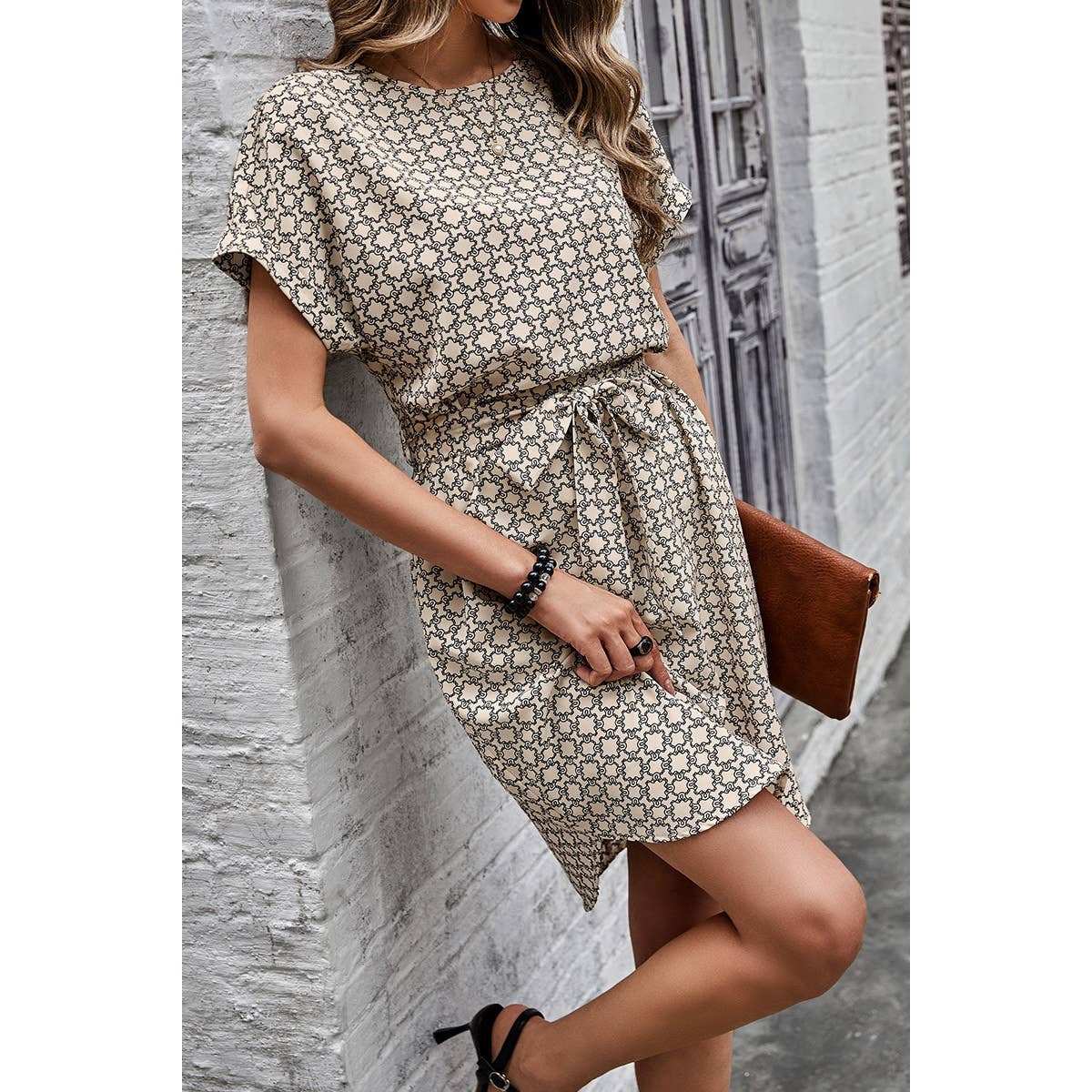 Round Neck Allover Print Belt Fit Dress - MVTFASHION.COM