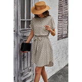 Round Neck Allover Print Belt Fit Dress - MVTFASHION.COM