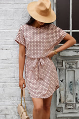 Round Neck Allover Print Belt Fit Dress - MVTFASHION.COM