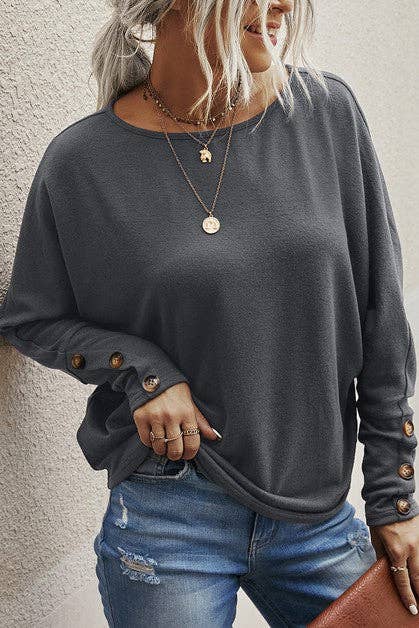 ROUND NECK BUTTON LONG SLEEVES TOP - MVTFASHION.COM