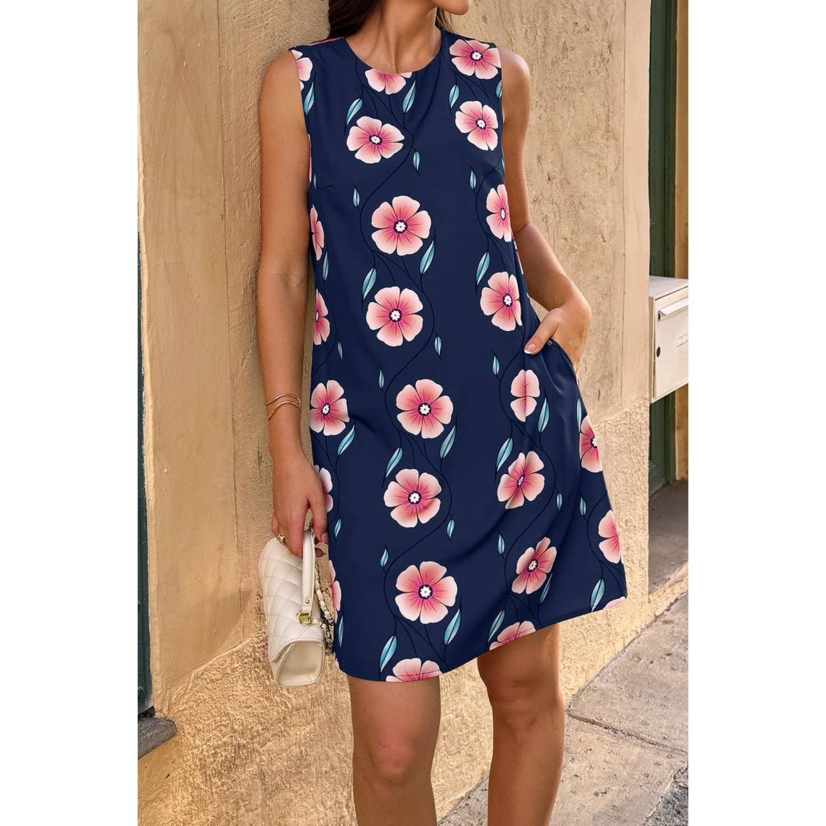 Round Neck Floral Print Sleeveless Loose Dress - MVTFASHION.COM