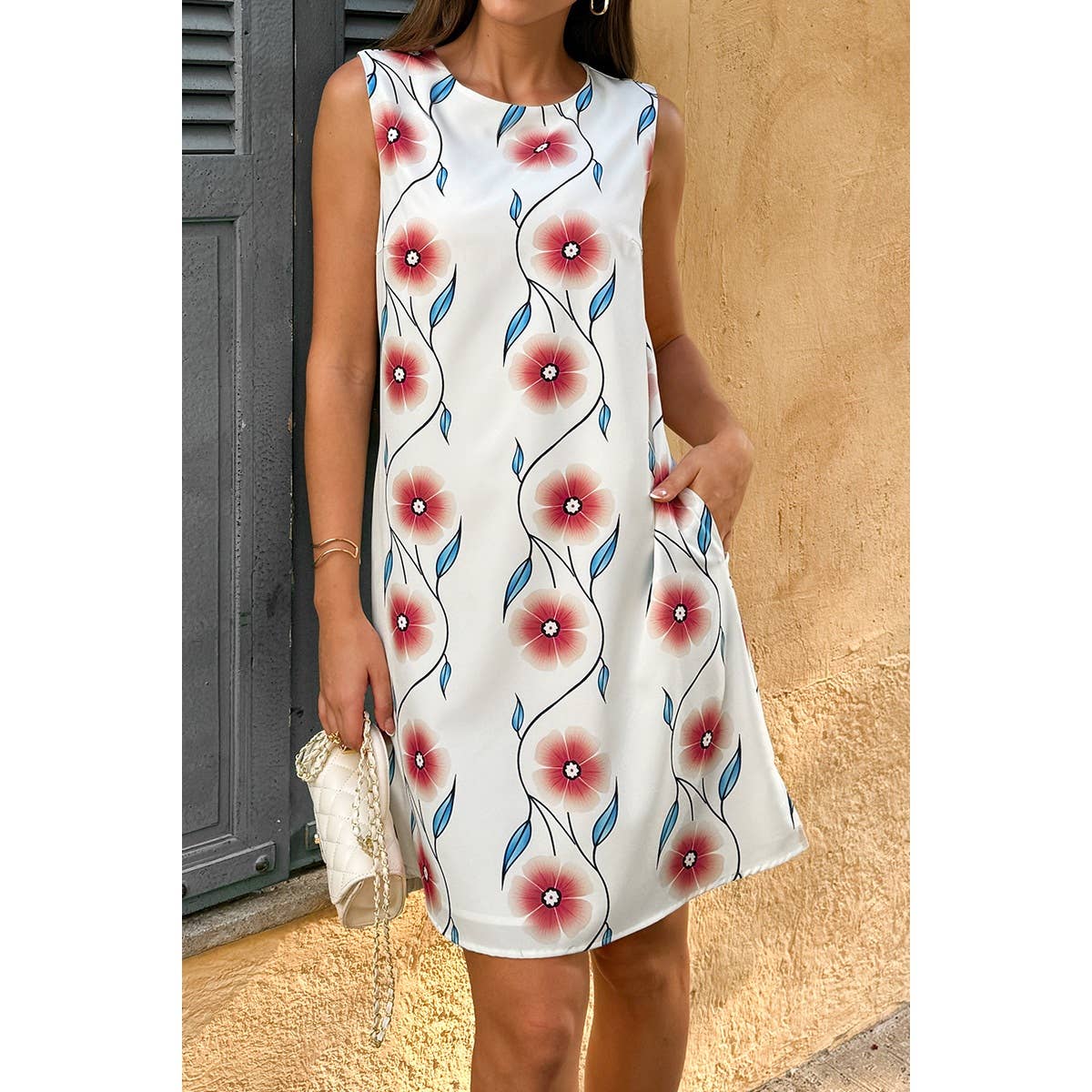 Round Neck Floral Print Sleeveless Loose Dress - MVTFASHION.COM