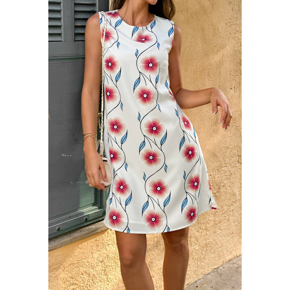 Round Neck Floral Print Sleeveless Loose Dress - MVTFASHION.COM