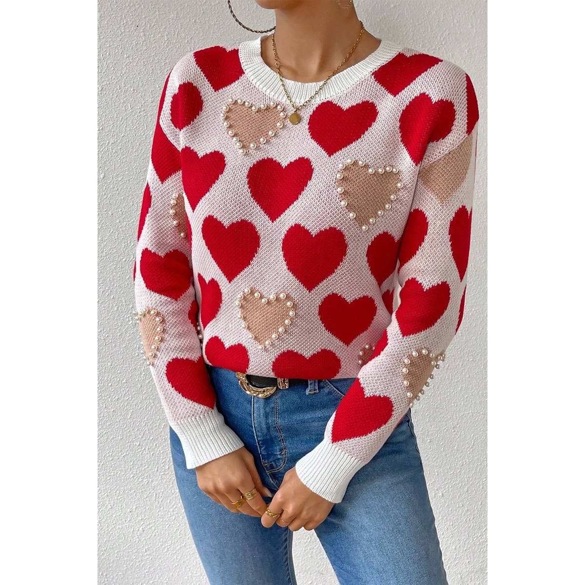 Round Neck Heart Shape Pearl Beads Knit Sweater - MVTFASHION.COM