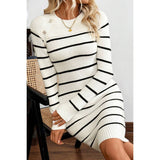 Round Neck Knit Strip Button Trim Bodycon Sweater - MVTFASHION.COM