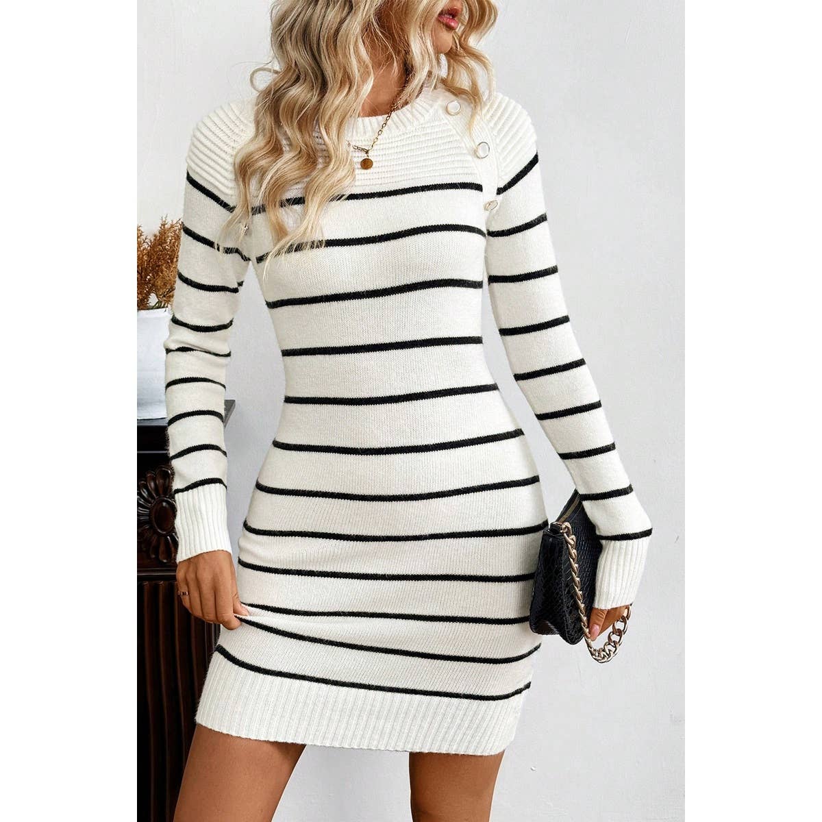 Round Neck Knit Strip Button Trim Bodycon Sweater - MVTFASHION.COM