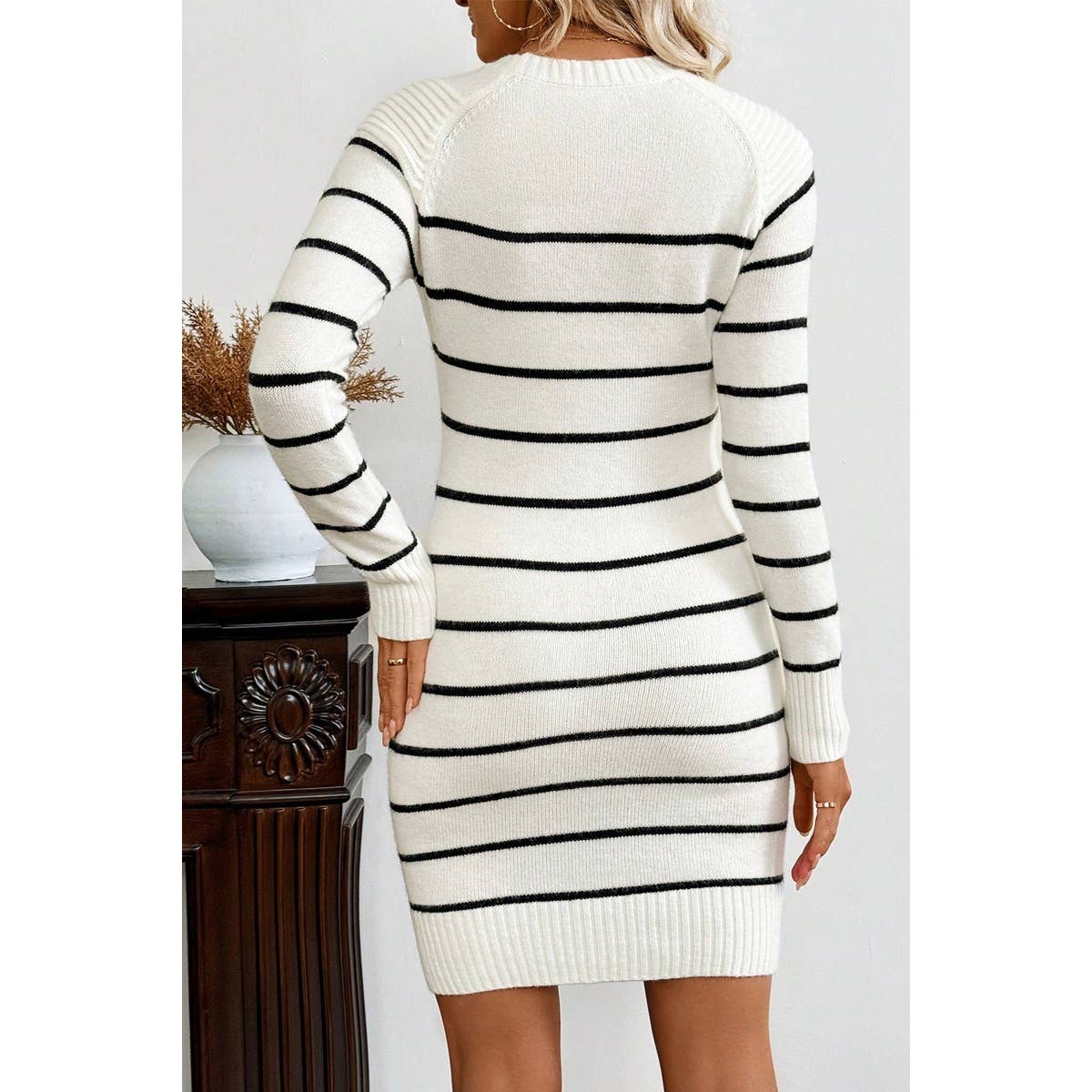 Round Neck Knit Strip Button Trim Bodycon Sweater - MVTFASHION.COM