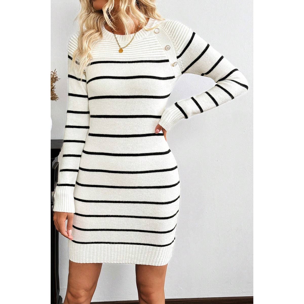 Round Neck Knit Strip Button Trim Bodycon Sweater - MVTFASHION.COM