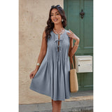 Round Neck Knot Cut Out Pleated Loose Fit Dress - MVTFASHION.COM