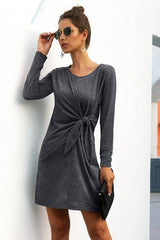 Round Neck Knot Long Sleeve Dress - MVTFASHION.COM