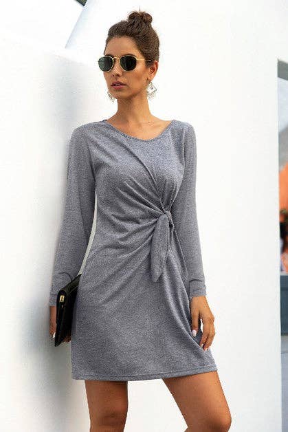 Round Neck Knot Long Sleeve Dress - MVTFASHION.COM