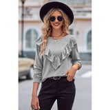 Round Neck Loose Fit Long Sleeve Ruffle Solid Top - MVTFASHION.COM