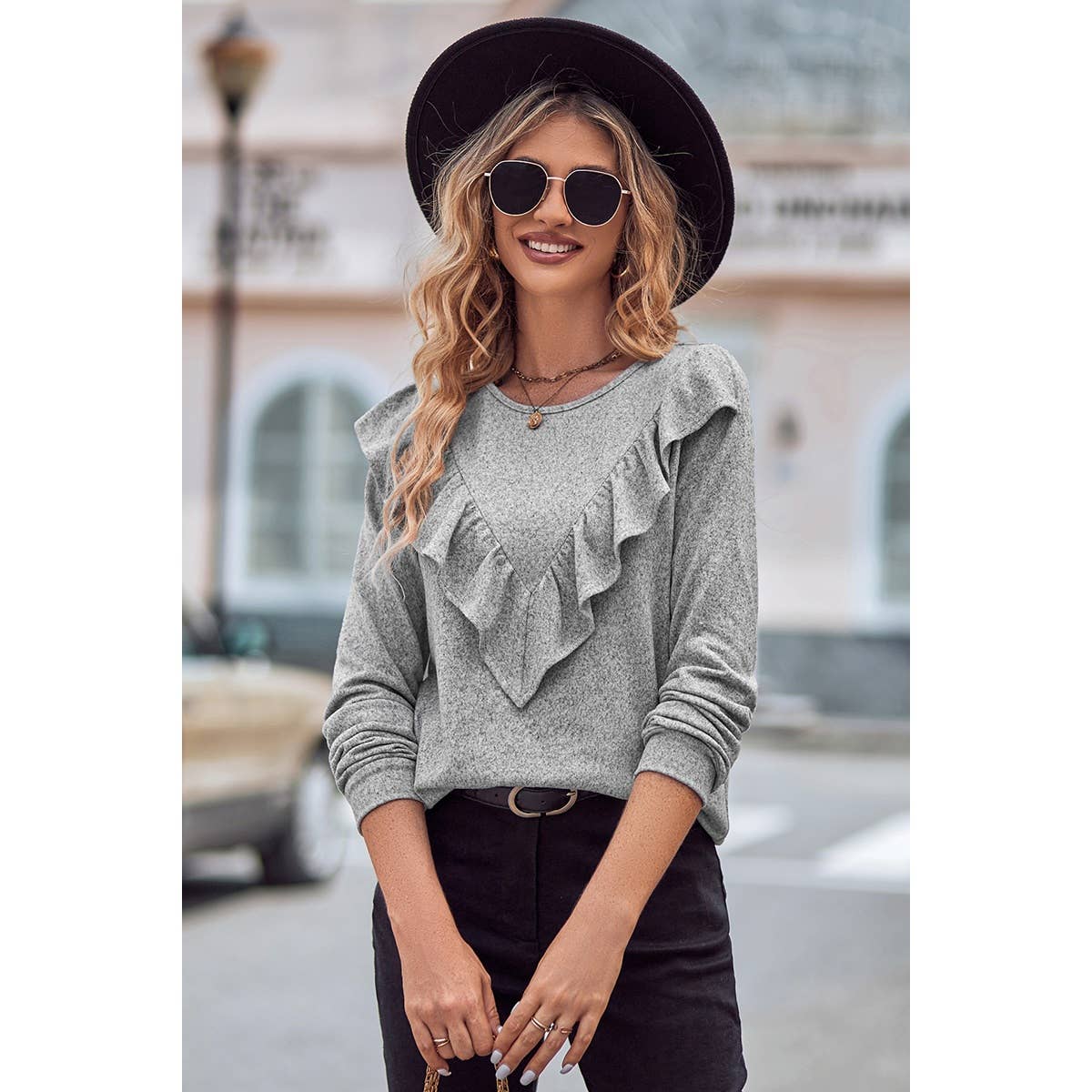 Round Neck Loose Fit Long Sleeve Ruffle Solid Top - MVTFASHION.COM