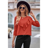 Round Neck Loose Fit Long Sleeve Ruffle Solid Top - MVTFASHION.COM