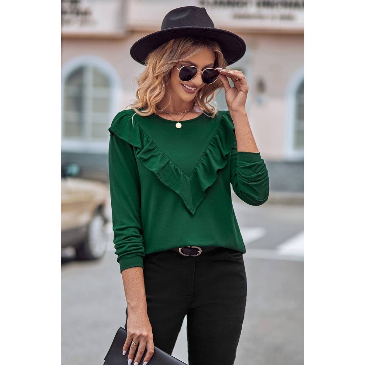 Round Neck Loose Fit Long Sleeve Ruffle Solid Top - MVTFASHION.COM