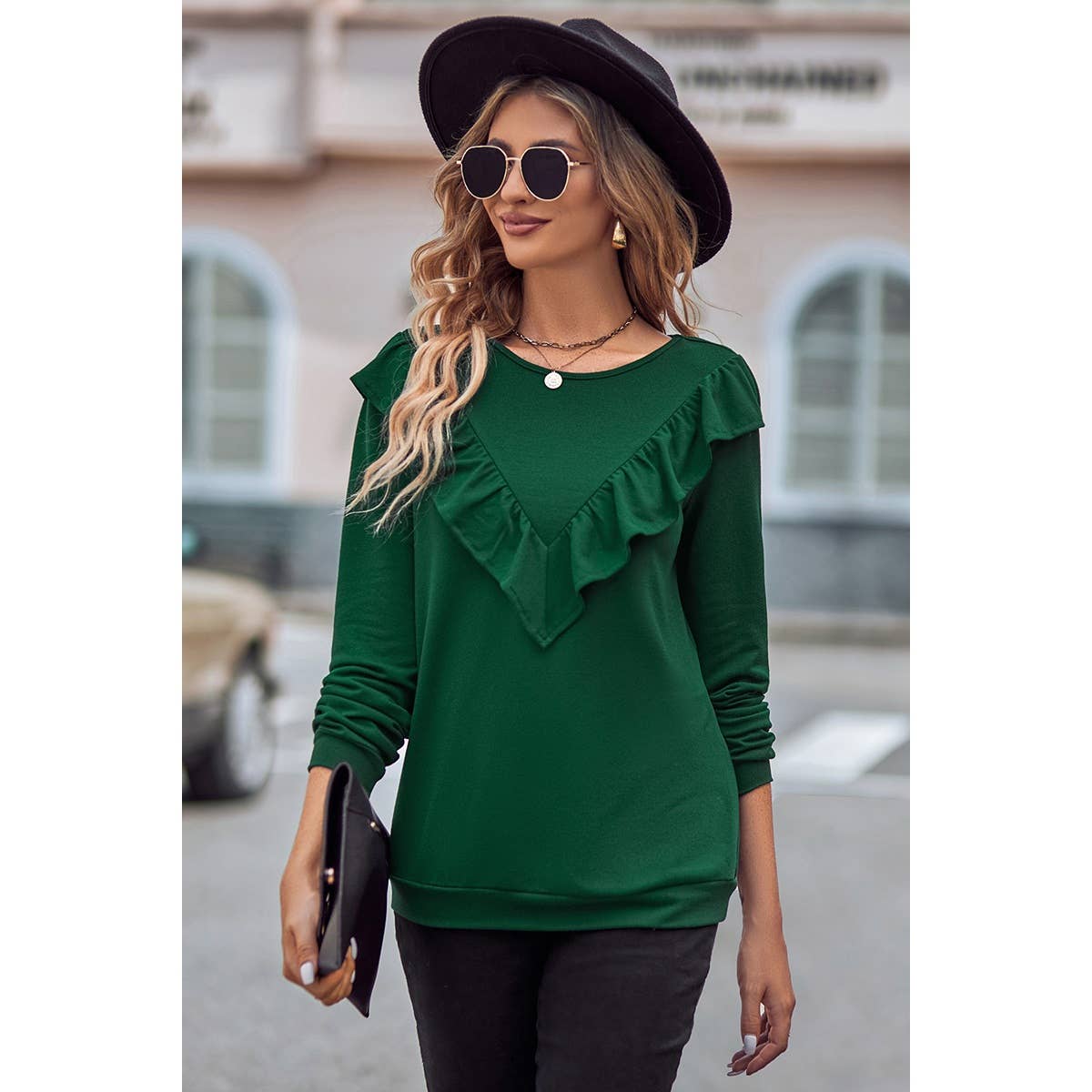 Round Neck Loose Fit Long Sleeve Ruffle Solid Top - MVTFASHION.COM