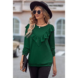 Round Neck Loose Fit Long Sleeve Ruffle Solid Top - MVTFASHION.COM