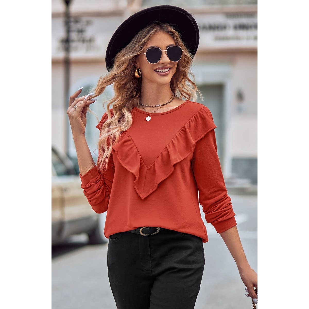 Round Neck Loose Fit Long Sleeve Ruffle Solid Top - MVTFASHION.COM