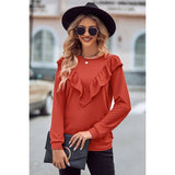 Round Neck Loose Fit Long Sleeve Ruffle Solid Top - MVTFASHION.COM