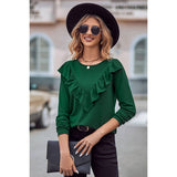 Round Neck Loose Fit Long Sleeve Ruffle Solid Top - MVTFASHION.COM