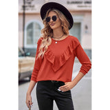 Round Neck Loose Fit Long Sleeve Ruffle Solid Top - MVTFASHION.COM